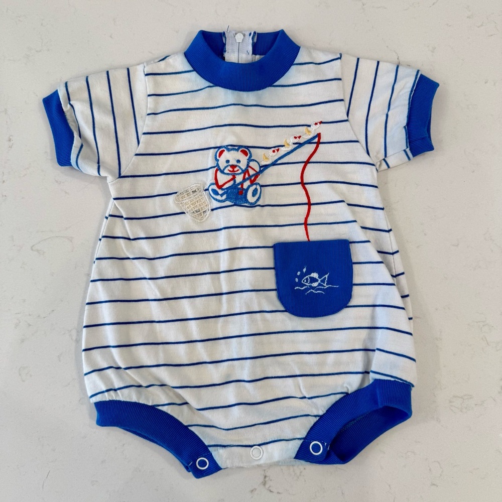 Vintage 80’s Easton Striped Blue and White Baby Romper size 6-9 months